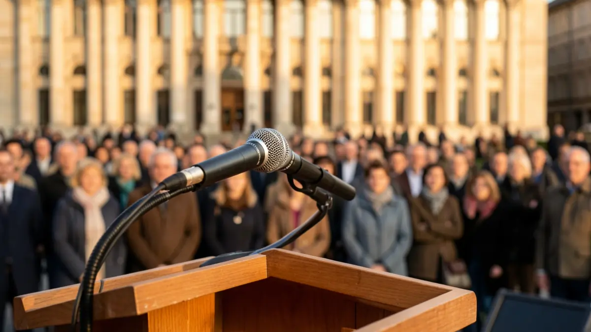 Generic image: a microphone on a podium with a blurred institutional building facade in the background, warm afternoon light, documentary photography style. Euskadi architectural elements.