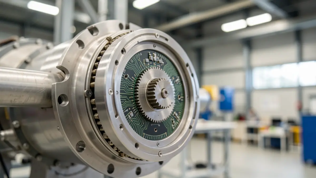 Imagen genérica: Un primer plano de un componente metálico con intrincados engranajes y circuitos, ubicado en una moderna instalación industrial en Euskadi, con iluminación ambiental suave.