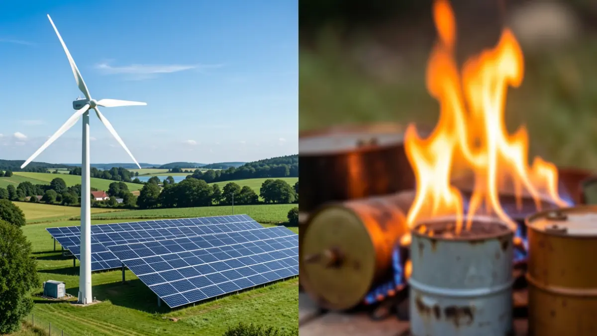 Generic image: a wind turbine and solar panels against a blue sky, representing renewable energy. On the other side, a blurred image of a gas flame and oil barrels, symbolizing fossil fuels. The scene is set in a green Euskadi landscape.