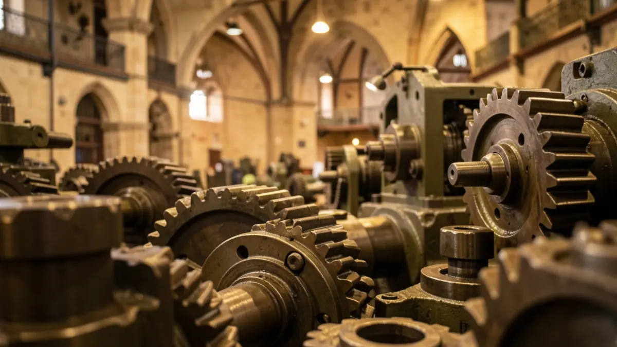 Generic image: Close-up of industrial gears and machinery components in a factory setting with hints of Basque architecture, warm lighting.