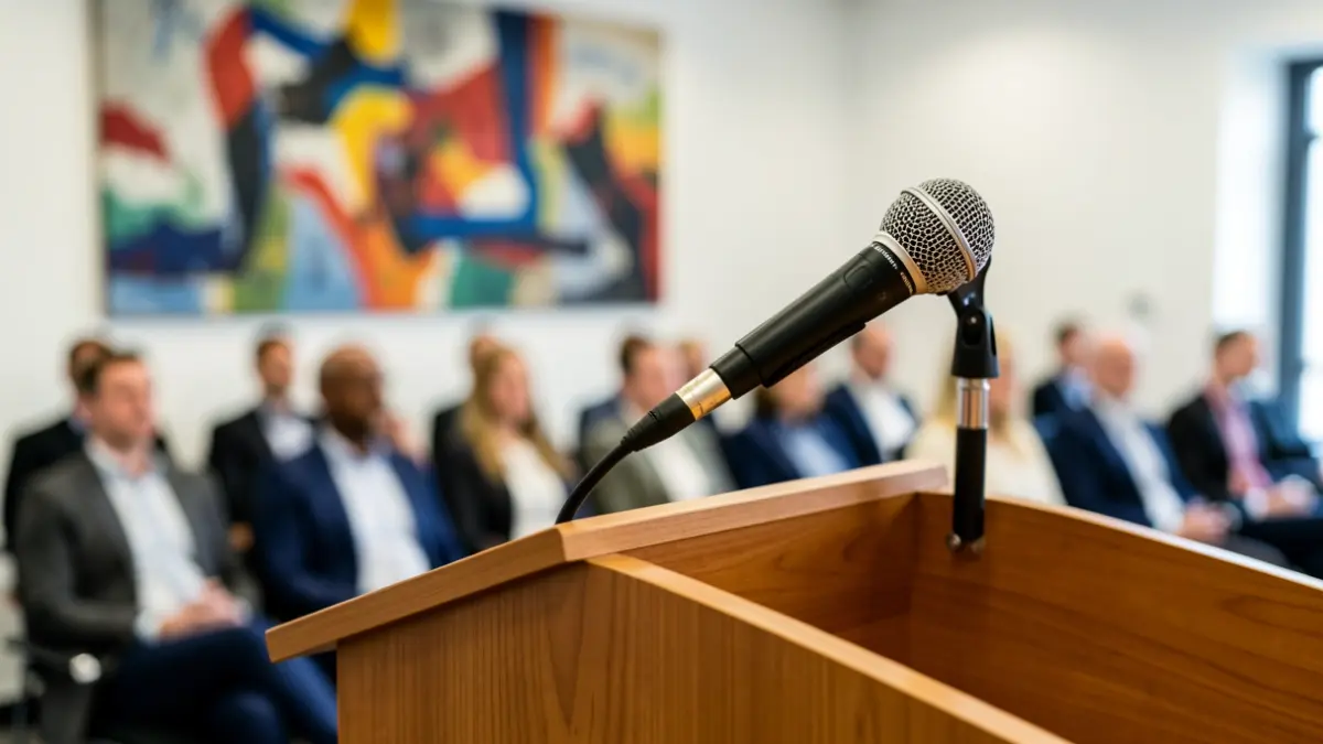 Generic image: a microphone on a lectern in a conference room.