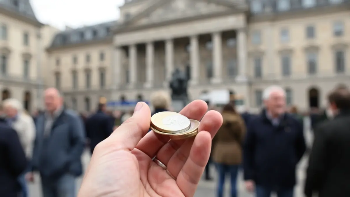 Generic image: hand holding a stack of euro coins, with a blurred institutional building facade in the background.
