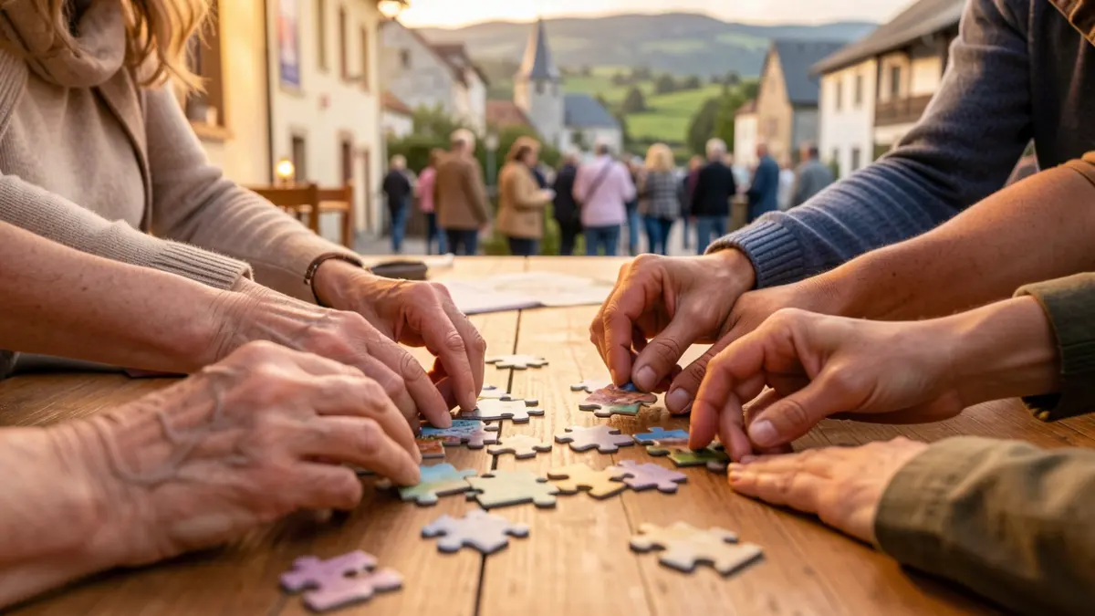 Generic image: hands of diverse ages and ethnicities collaborating, fitting puzzle pieces together on a table.