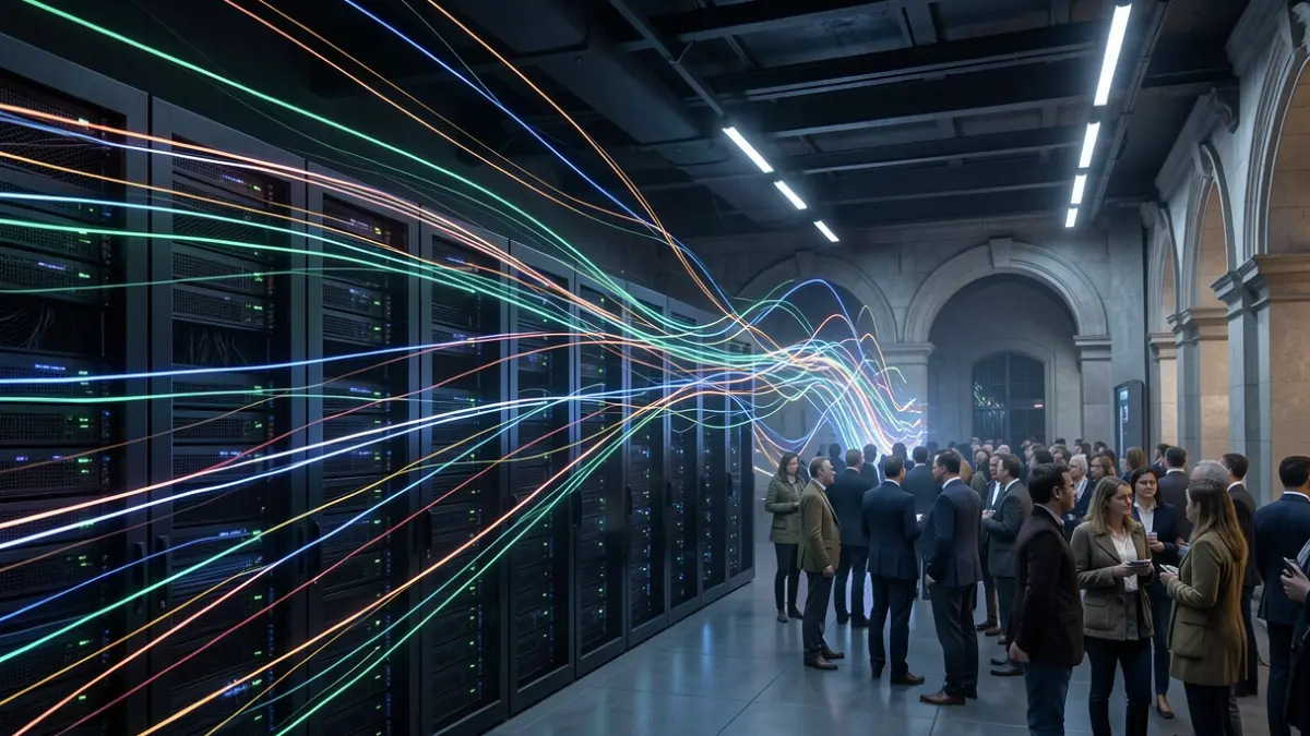 Imagen genérica: Representación abstracta del poder de un superordenador con líneas de datos brillantes fluyendo a través de una arquitectura vasca futurista.