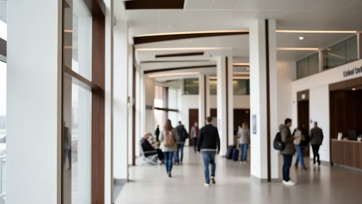 Imagen genérica del interior de una terminal de aeropuerto moderna, destacando la arquitectura vasca.
