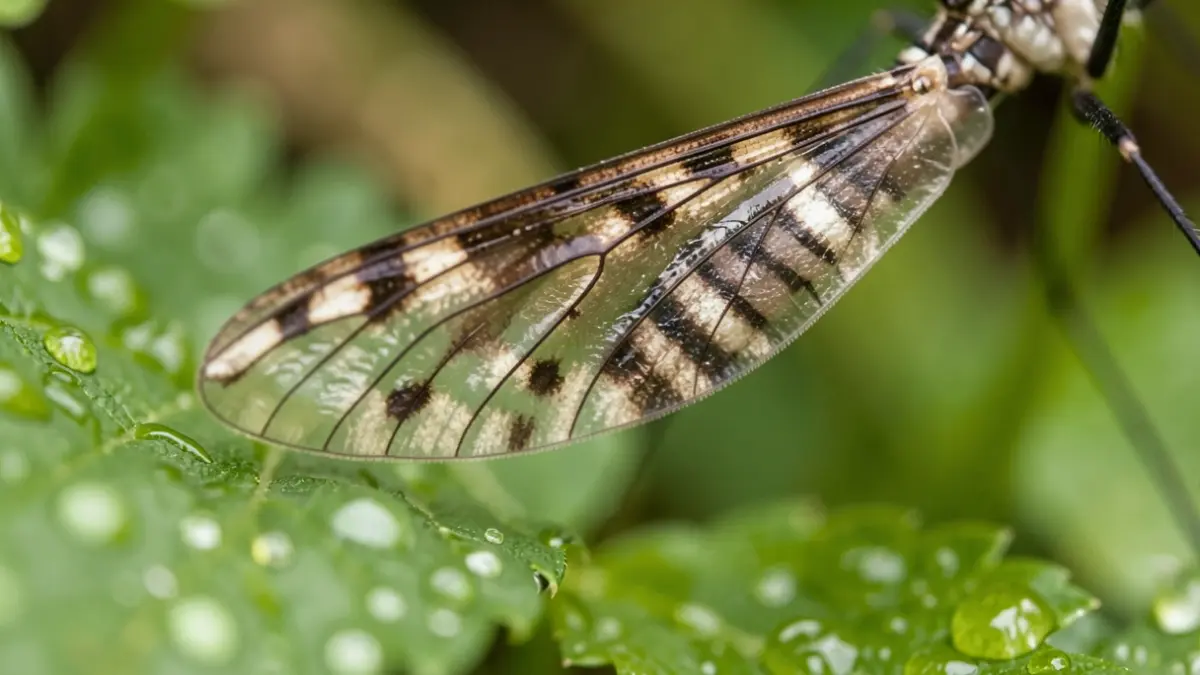Imagen genérica: primer plano del ala de un insecto sobre un fondo desenfocado de hojas verdes y gotas de agua.
