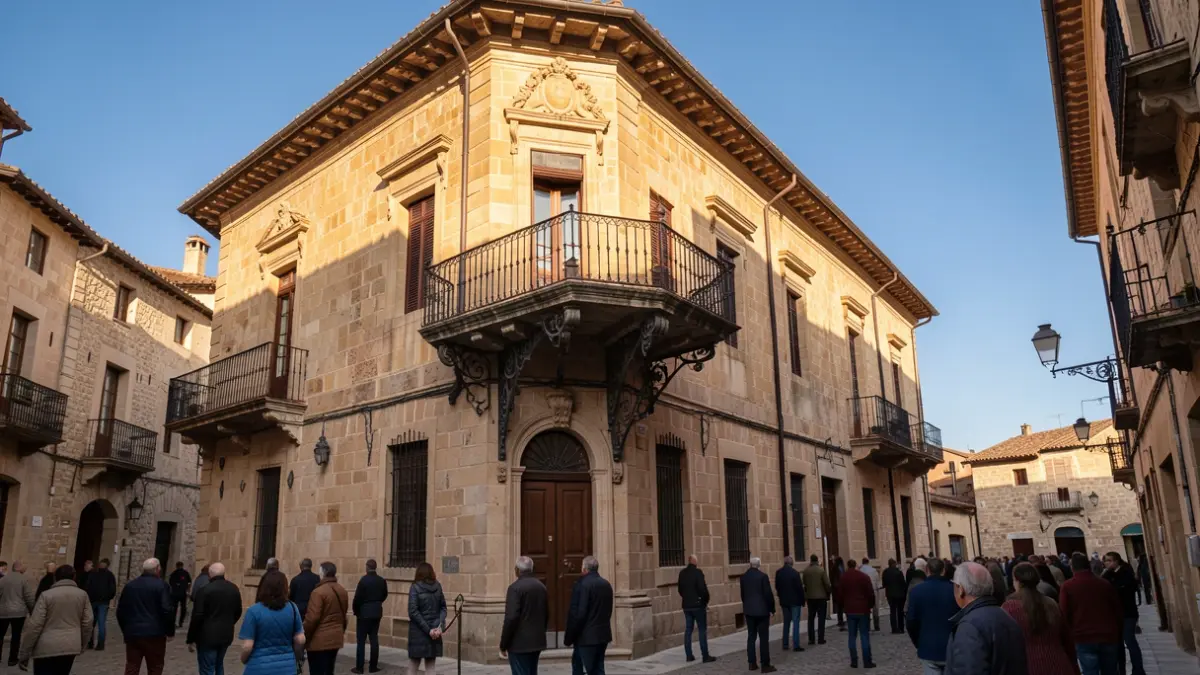 Generic image: Stone facade of a Basque Country town hall with an ornate balcony and iron railings, warm afternoon sunlight casting shadows on the stone, blue sky.