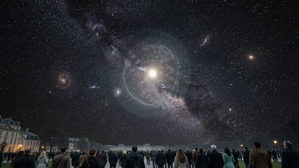 Imagen genérica: un vasto cielo oscuro lleno de estrellas y nebulosas, con una tenue representación brillante de un sistema solar distante en primer plano.