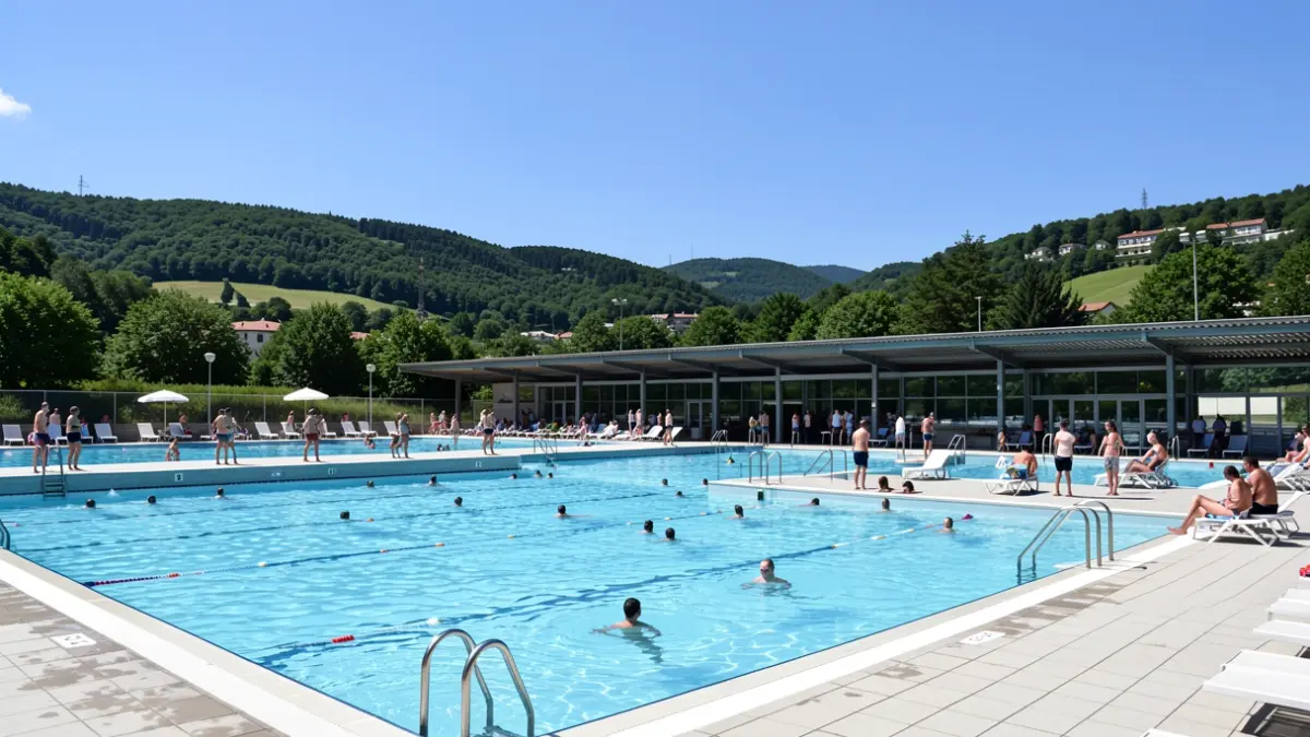 Exterior view of the municipal pools of Gamarra and Mendizorrotza in Vitoria-Gasteiz, with clear blue skies and green surrounding hills.
