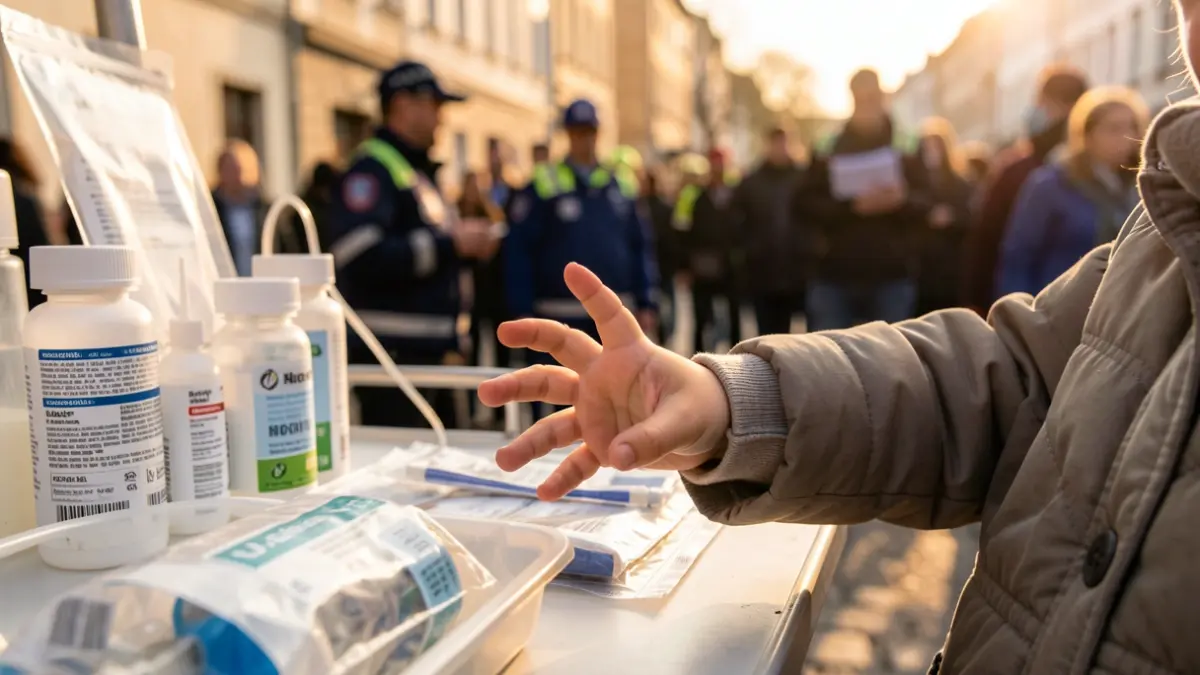 Generic image: a child's hand and medical supplies, with humanitarian aid workers blurred in the background, warm lighting.
