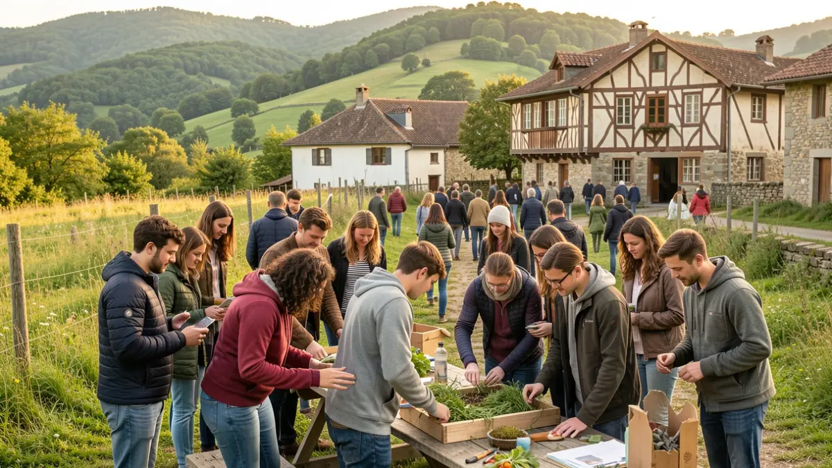 Generic image: a group of young adults collaborating on a community project in front of traditional Basque architecture and a green landscape.