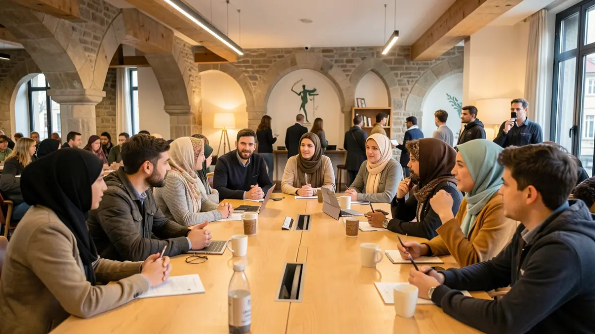 Imagen genérica: un grupo de jóvenes vascos musulmanes debatiendo sobre identidad y diversidad, con elementos arquitectónicos del País Vasco.