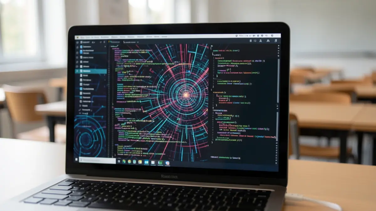 Generic image: Close-up of a laptop screen displaying abstract AI-generated patterns and code snippets in a modern Euskadi classroom setting, with soft natural lighting.