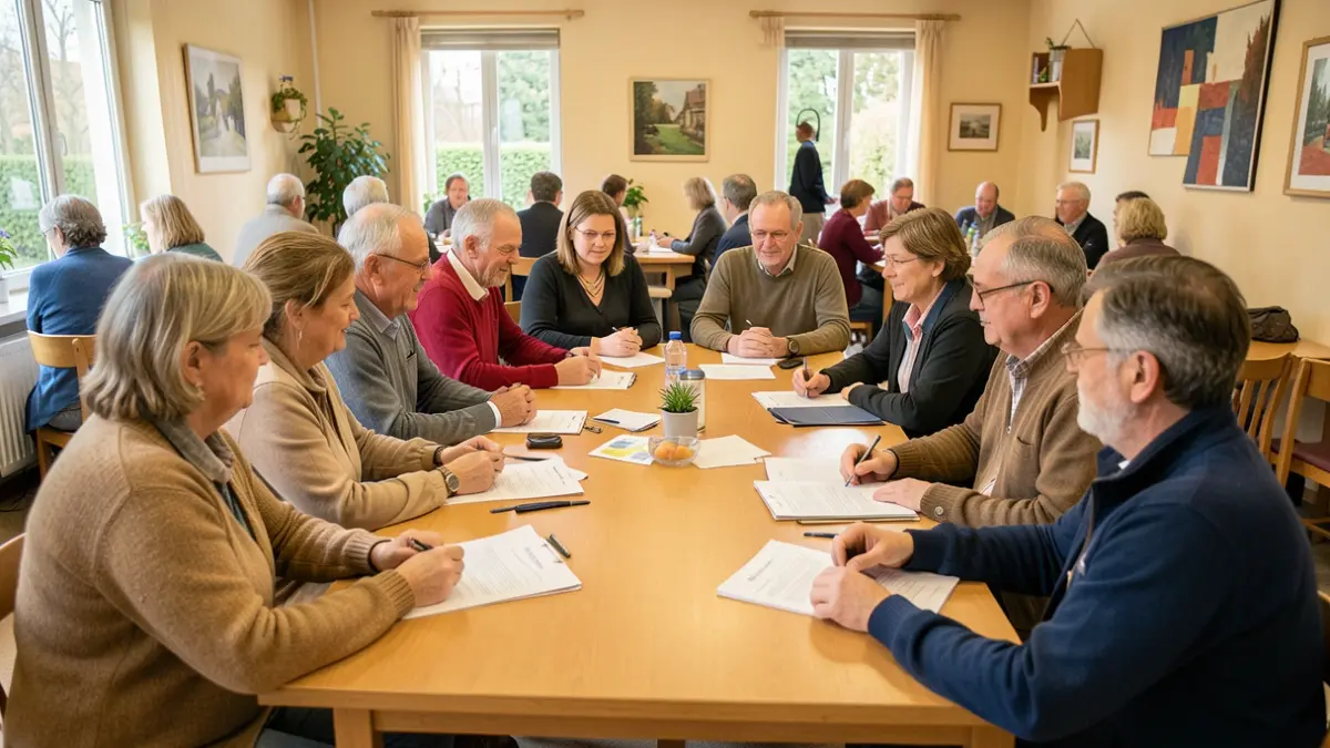 Generic image of a community center in Euskadi, with diverse people discussing documents around a table.