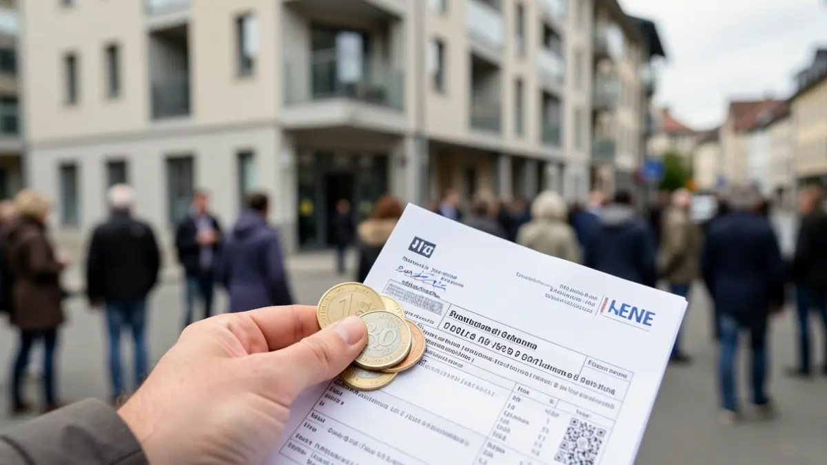 Imagen genérica: una mano sostiene unas monedas de euro y un contrato de alquiler, con el fondo difuminado de la fachada de un edificio de apartamentos moderno en un pueblo vasco, luz natural suave.