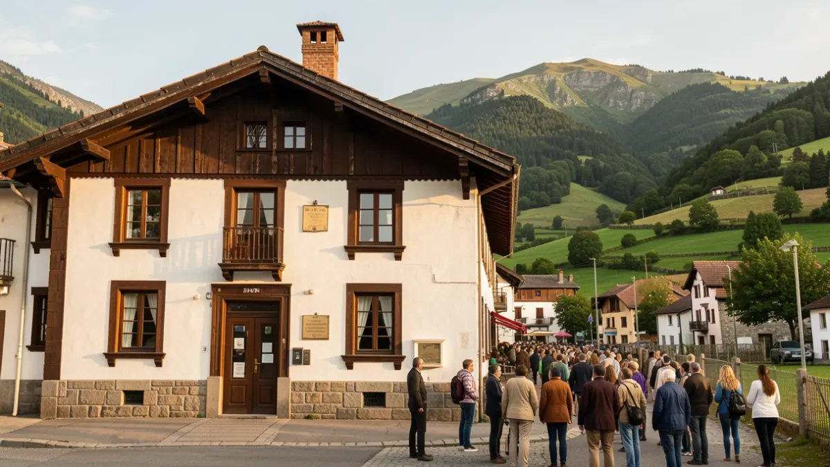 Imagen genérica: Fachada de un ayuntamiento del País Vasco con paredes blancas y detalles de madera oscura, en un valle verde con montañas al fondo. Luz cálida de la tarde.