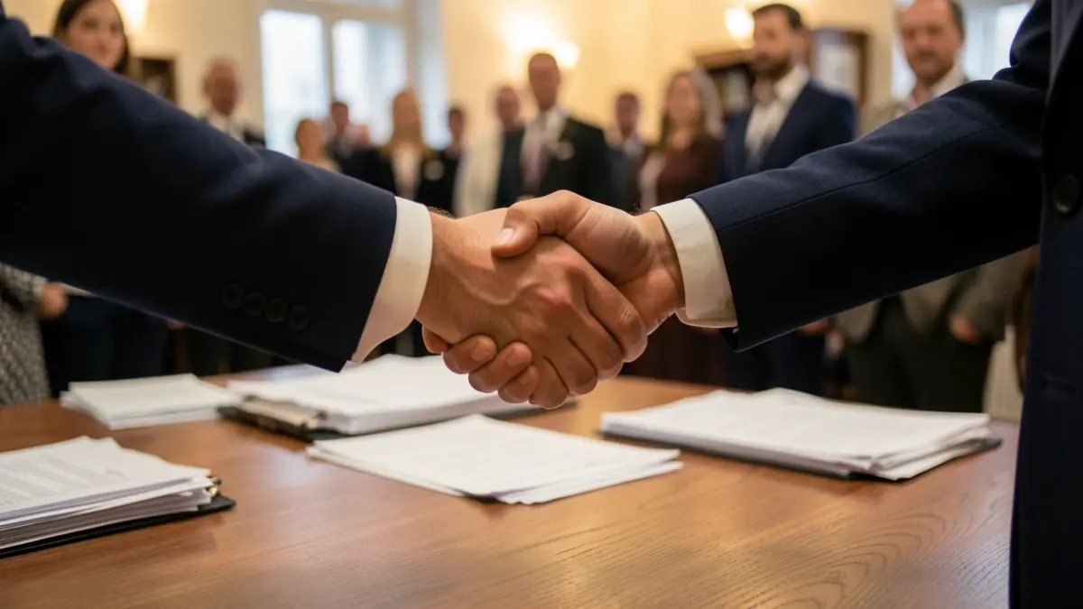 Generic image of two hands shaking over a desk with blurred paperwork, warm office lighting.