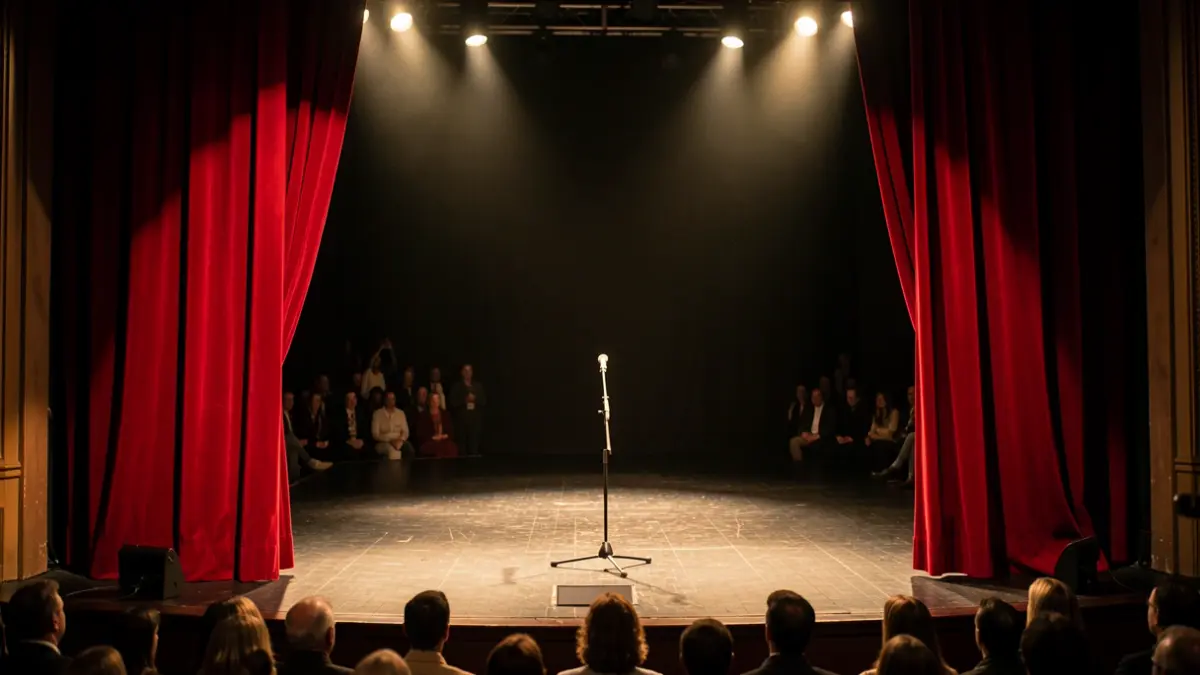 Generic image: theater stage interior with red velvet curtains partially drawn, revealing a dimly lit empty stage with a single microphone stand center stage, warm spotlights creating dramatic shadows.