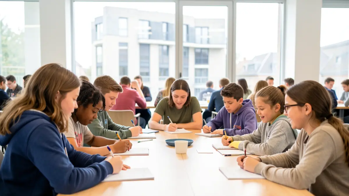 Imagen genérica: un grupo diverso de niños y adolescentes reunidos alrededor de una mesa, escribiendo propuestas, con arquitectura vasca difuminada al fondo.