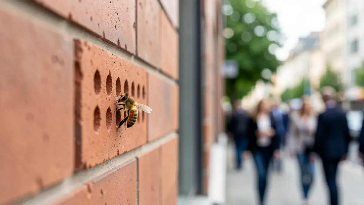 Concrete texture and a solitary bee in a blurred urban environment.