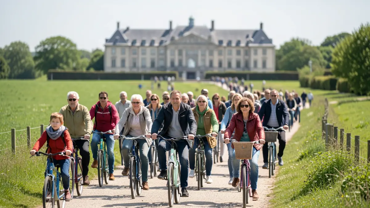 Generic image: diverse people of all ages walking and cycling on a path in a green Idiazabal landscape, with a blurred town hall facade in the background.