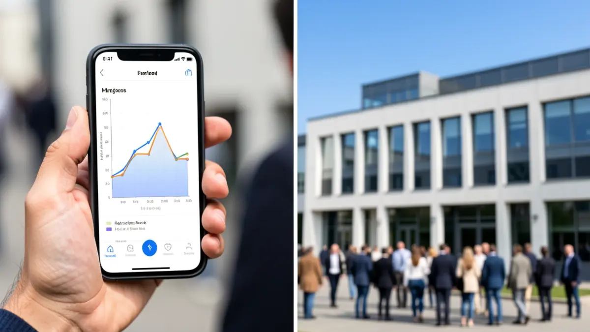 Generic image: a hand holding a smartphone displaying a generic graph, and in the background the blurred facade of a modern office building, under a clear blue sky.
