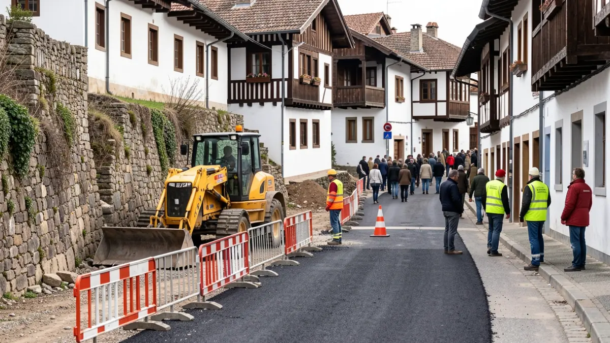 Bergarako kale batean egiten ari diren asfaltatze lanen irudia, makineria eta hesiekin.