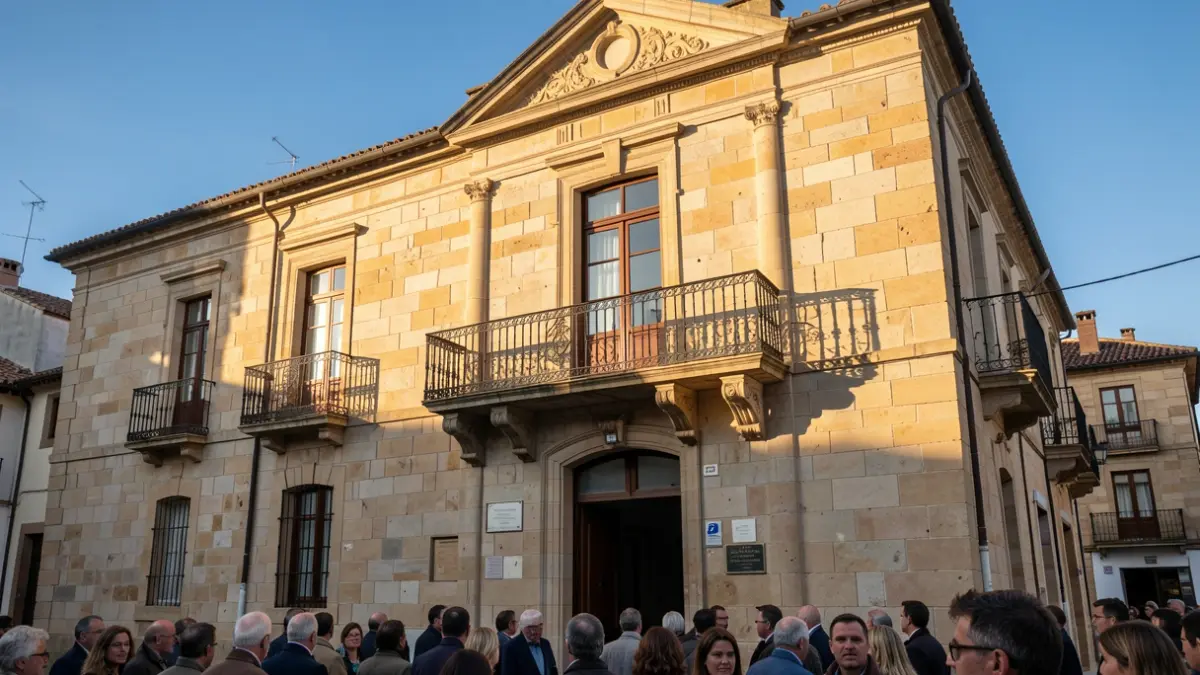 Imagen genérica: Fachada de piedra de un ayuntamiento vasco con balcón y barandillas de hierro ornamentadas, luz cálida de la tarde proyectando sombras.