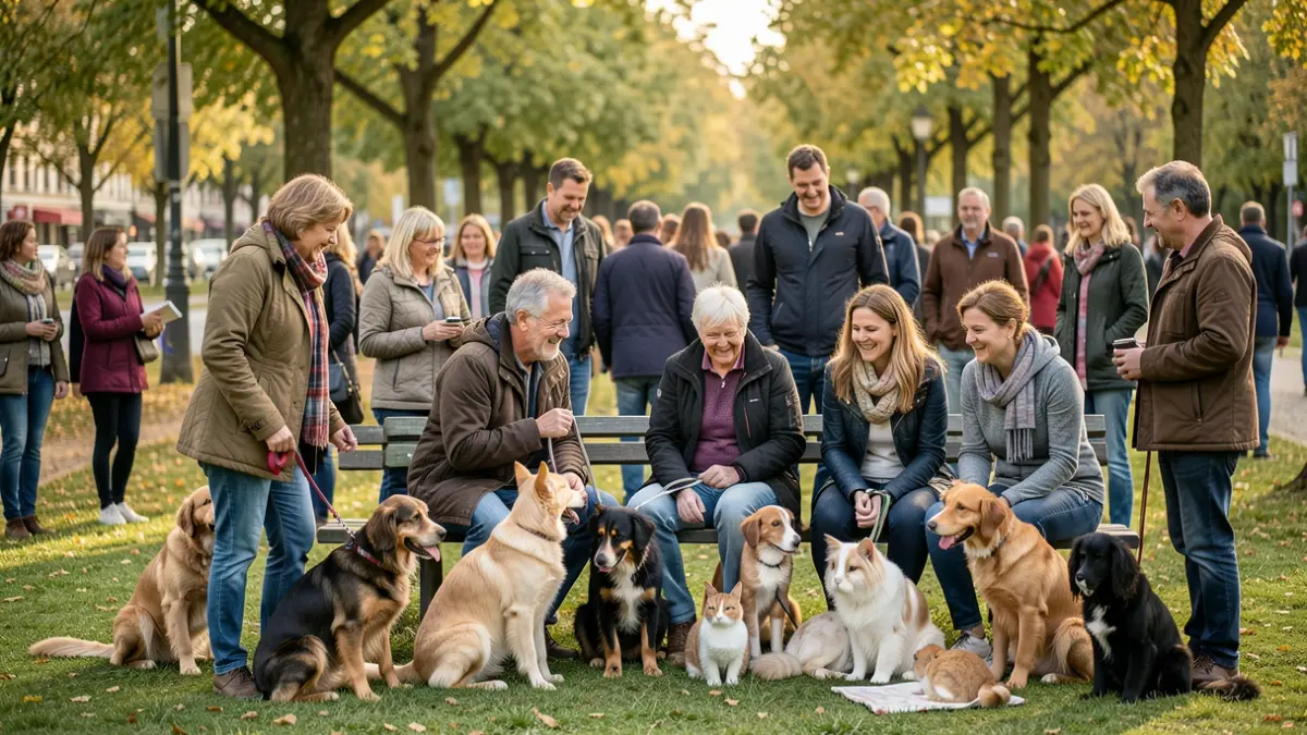 Generic image: A diverse group of families and their pets gathered in a park in Euskadi, smiling and interacting.