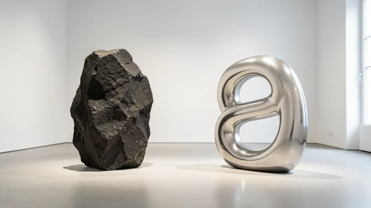 Dos esculturas abstractas, una de piedra y otra de metal, en una galería iluminada.