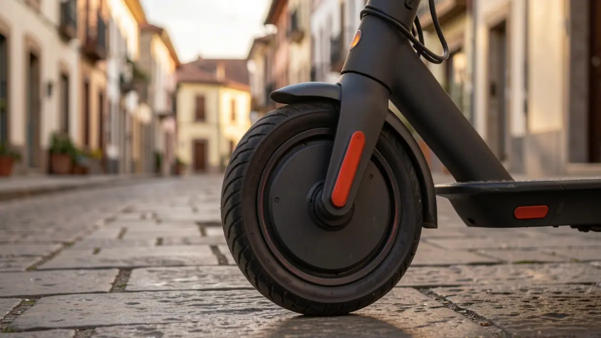 Imagen de primer plano de la rueda de un patinete eléctrico aparcado en una calle de Irun, con la luz cálida del atardecer.