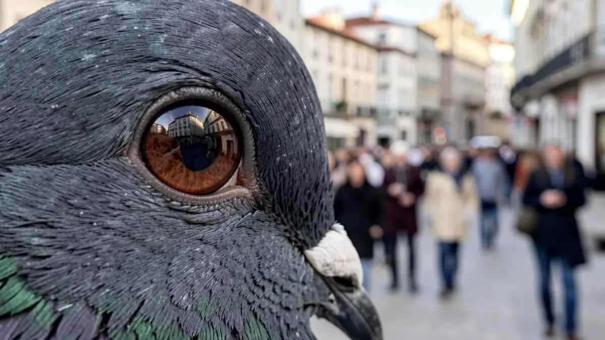 Generic image: a pigeon's eye reflecting a blurred urban background of Irun's architecture.