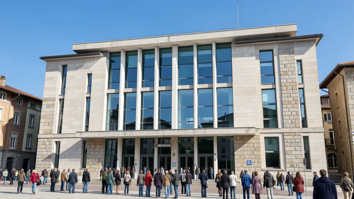 Imagen genérica: Fachada de un edificio de ayuntamiento moderno en Euskadi con líneas limpias y grandes ventanales, reflejando un cielo azul claro, sutiles toques de elementos arquitectónicos vascos como detalles de piedra, luz diurna brillante, estilo documental.