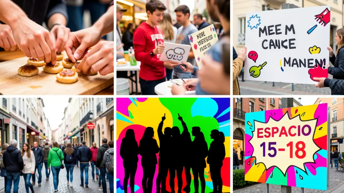 Gazteentzako jardueren collage bizia: eskuekin gyozak egiten, meme lehiaketa lausoa, gazteen siluetak eta 'Espacio 15-18' seinalea.