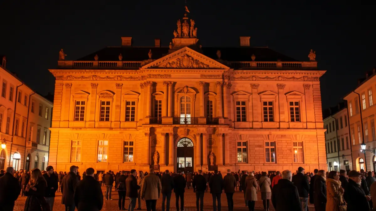 Imagen genérica: Fachada de un edificio de ayuntamiento iluminada en naranja por la noche, con cielo oscuro y sutiles detalles arquitectónicos visibles.