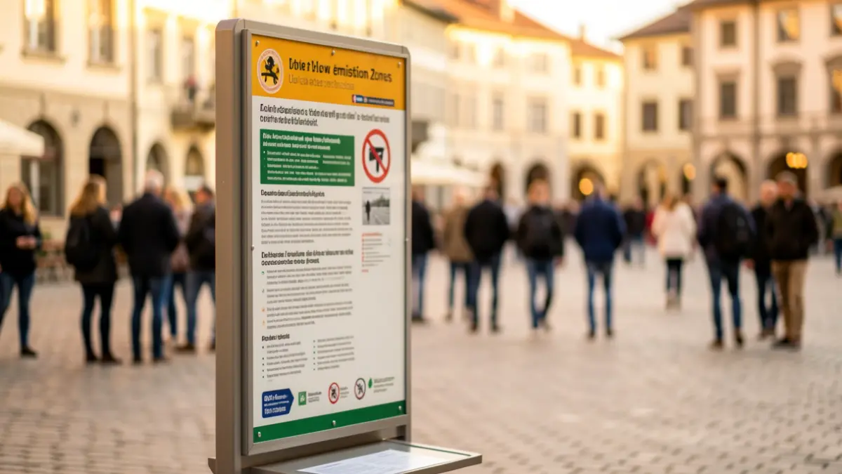 Generic image of a public information stand in a town square, with a sign about low emission zones, warm afternoon light, shallow depth of field. Focus on the informational aspect, not specific people.