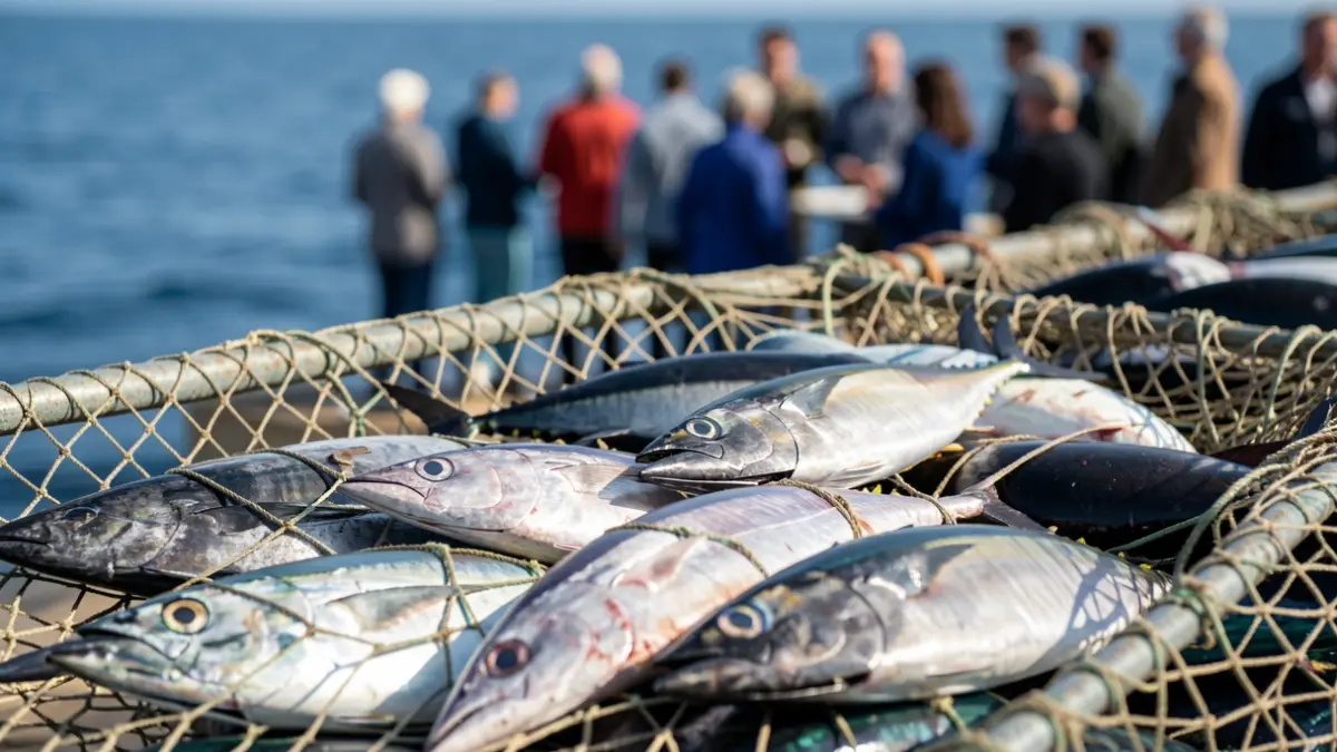 Generic image: close-up of a fishing net with various types of tropical tuna, blurred blue ocean water in the background.