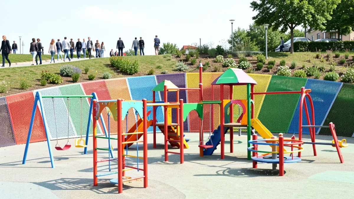 Generic image of a colorful children's playground with interconnected play structures, set against a landscaped slope with metal panels.