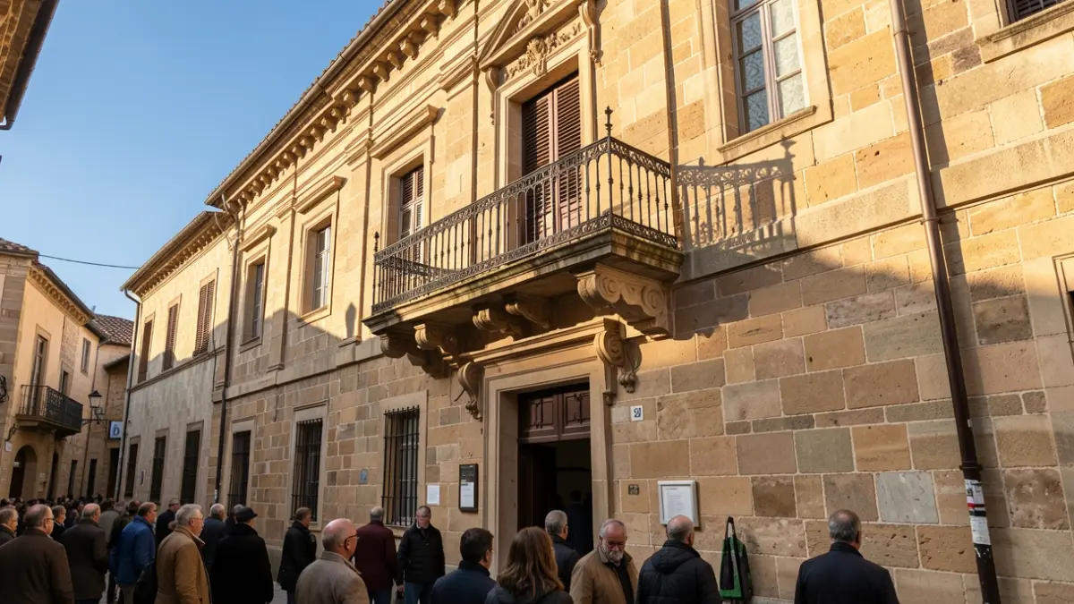 Irudi generikoa. Euskal Herriko udaletxe baten fatxada harrizkoa, balkoi eta burdinsare apaingarriekin, eguerdiko argi beroak harrietan itzalak sortuz, zeru urdina.
