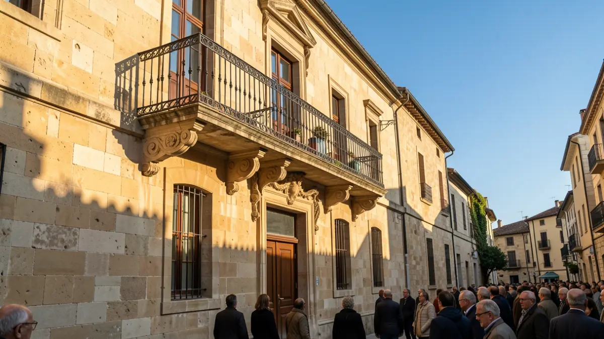 Irudi generikoa. Euskal Herriko udaletxe baten fatxada harrizkoa, balkoi eta burdin hesiz apaindua, eguerdiko argi beroak itzalak sortzen harrietan, zeru urdina.