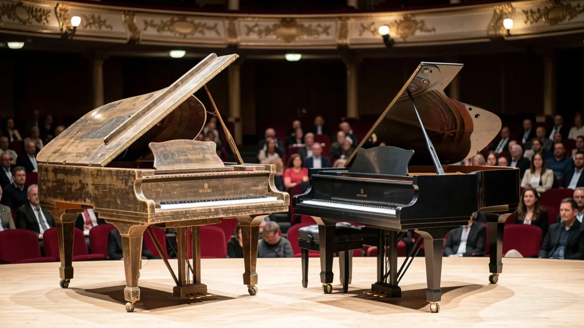 Two grand pianos on a concert hall stage, illuminated.