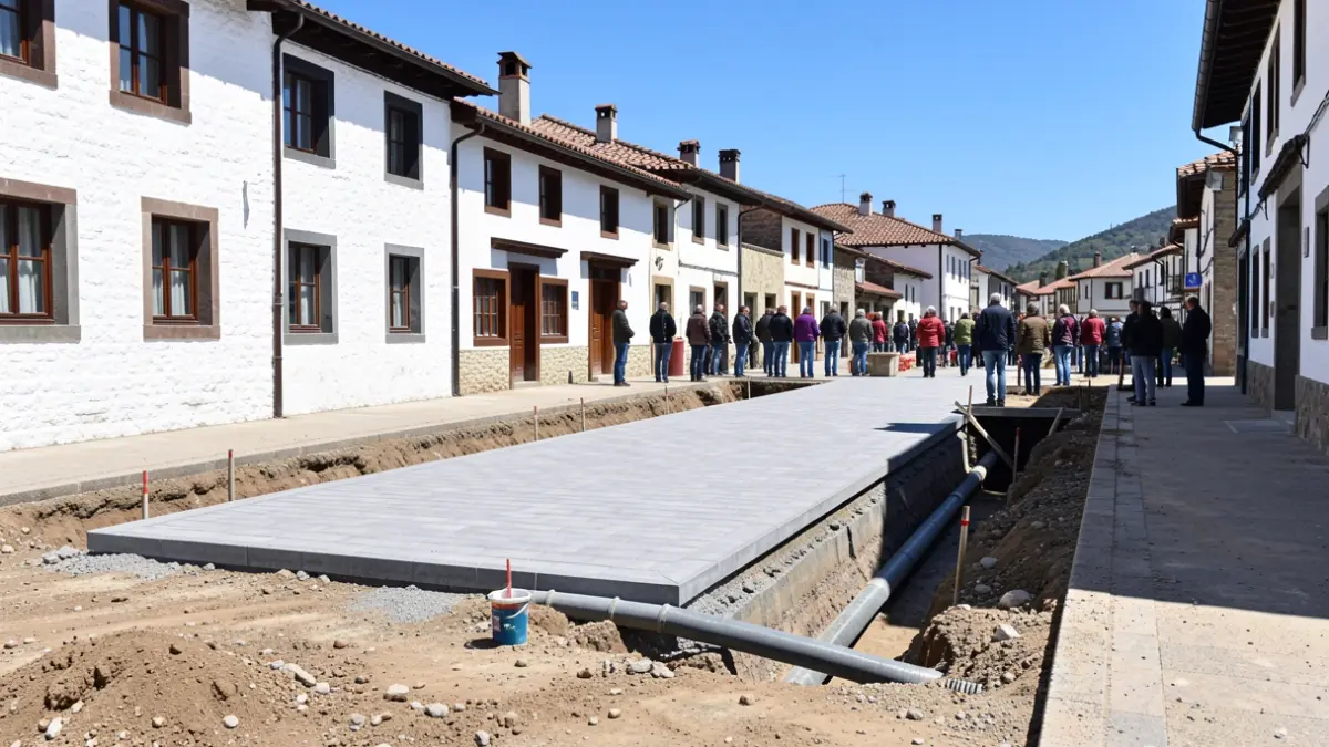 Generic image: Construction site on a street in a Basque town featuring white buildings with dark wood, showing new pavement being laid and underground pipes exposed, under a clear blue sky.