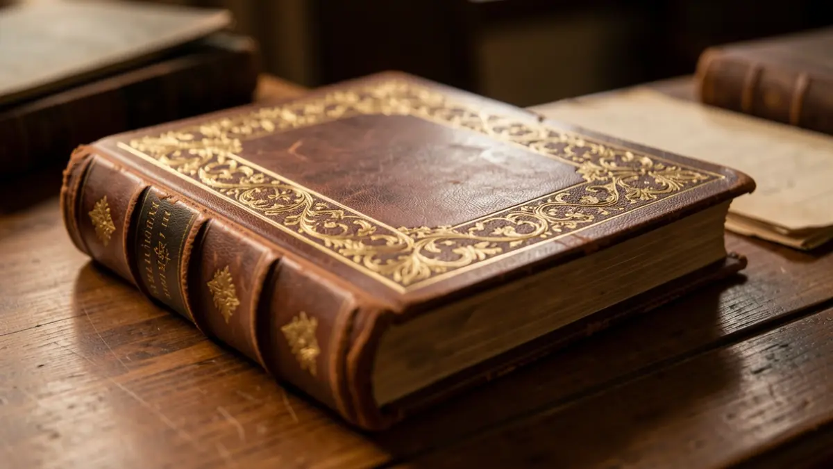 Close-up image of an old book on a wooden desk.