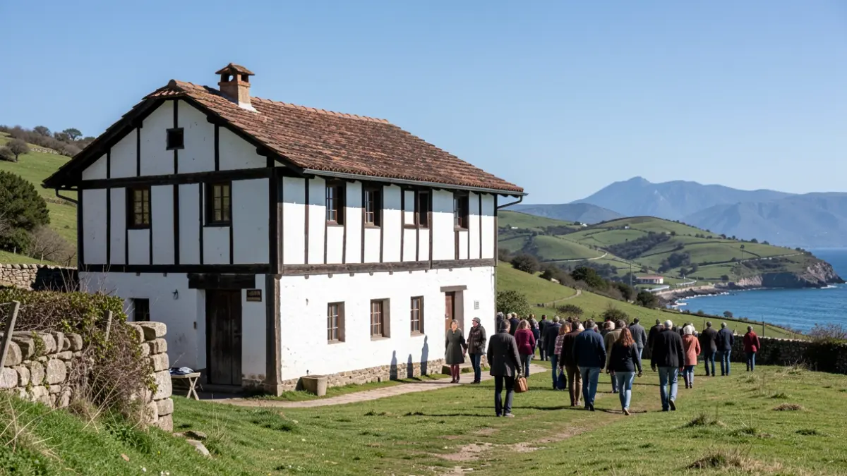 A historical Basque farmhouse (caserío) with white walls and dark wooden beams, set against a backdrop of green rolling hills and a glimpse of the Cantabrian coast, under a clear blue sky. Documentary photography style.