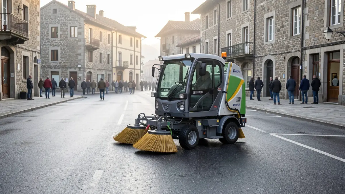 Generic image: street cleaning equipment parked, with traditional stone buildings in the background and diffused light.