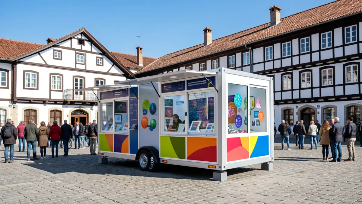 Imagen de la unidad móvil de exposición científica Kapsula Kuantikoa, aparcada en una plaza del País Vasco, junto a arquitectura tradicional vasca.