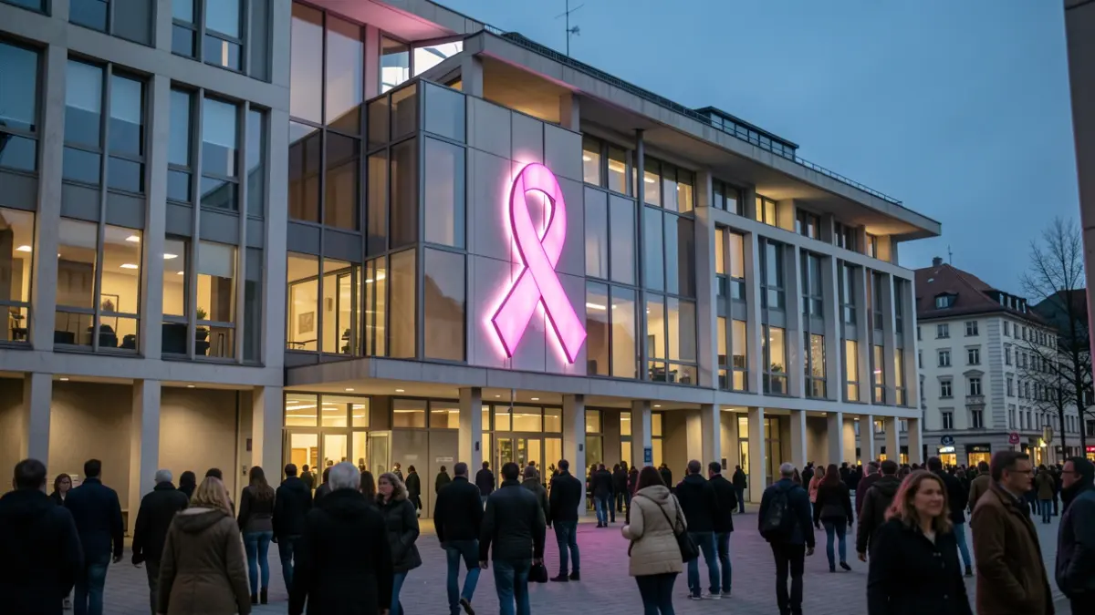 Irudi generikoa: Arrosa kolorez argiztatutako udaletxe baten fatxada ilunabarrean, argi leunarekin.