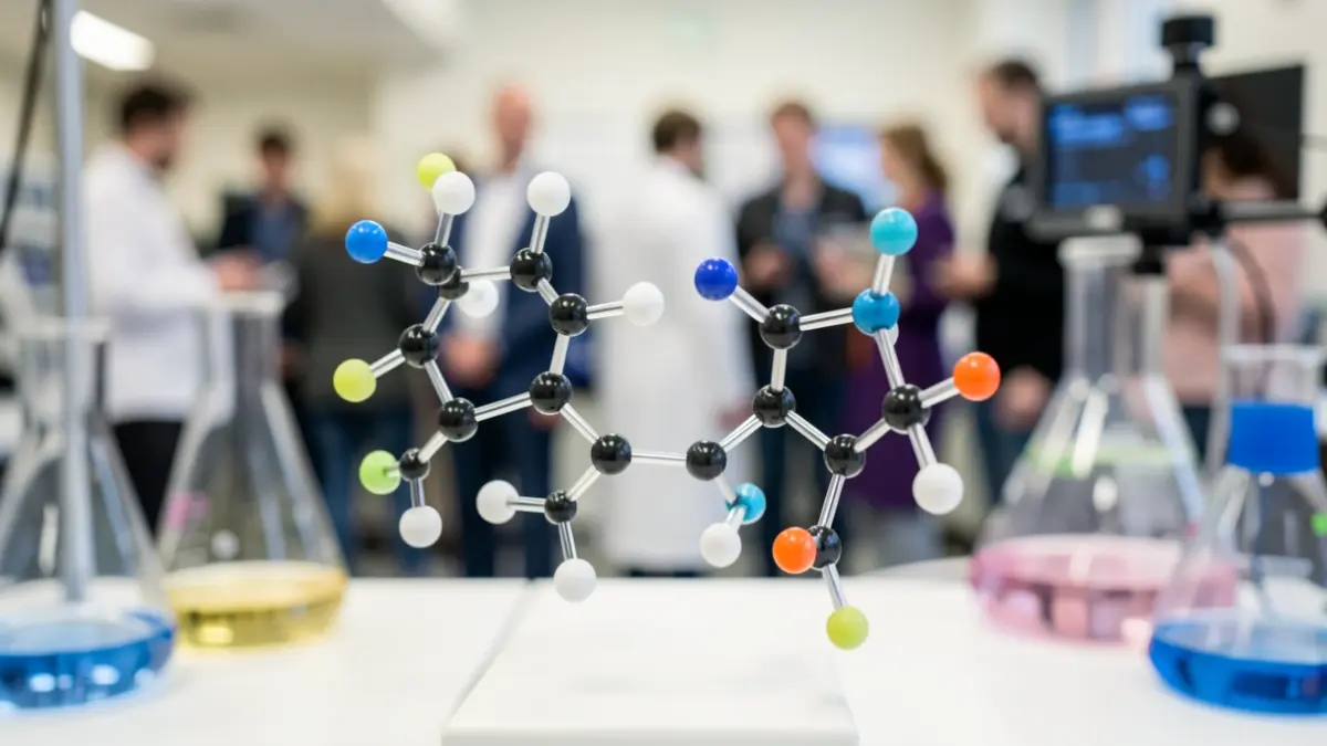 Close-up of a chiral molecule model with two mirror-image enantiomers on a blurred laboratory background.