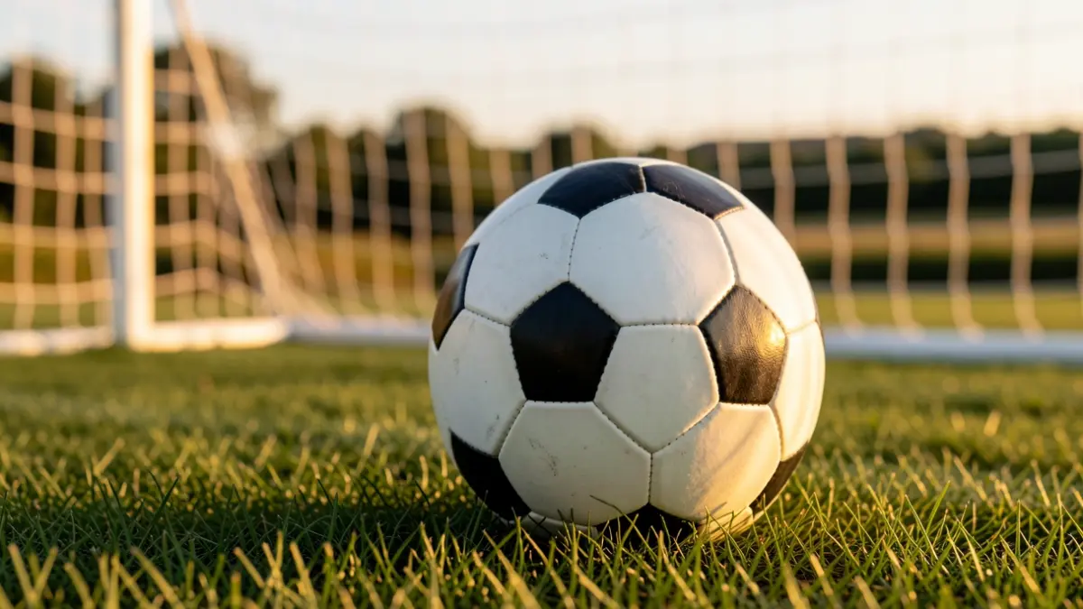 Irudi generikoa: Futbol pilota bat belar gainean, ate sareta lausotuta atzealdean, urrezko orduko argia.