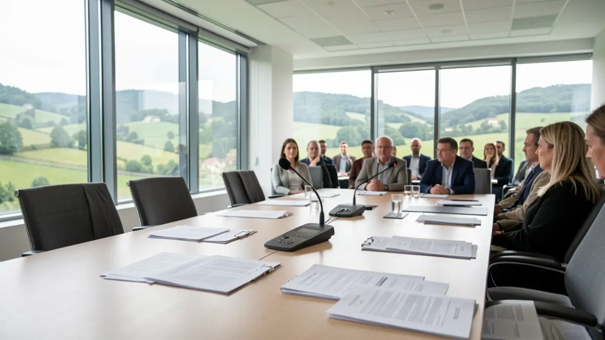 Generic image of a modern meeting room in the Basque Country, with large windows and documents on a table.